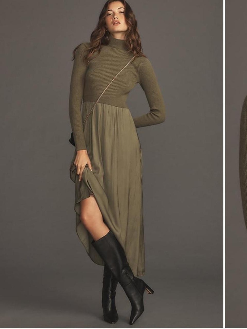 Olive Long Sleeve Knit Top with Satin Skirt Maxi Dress
